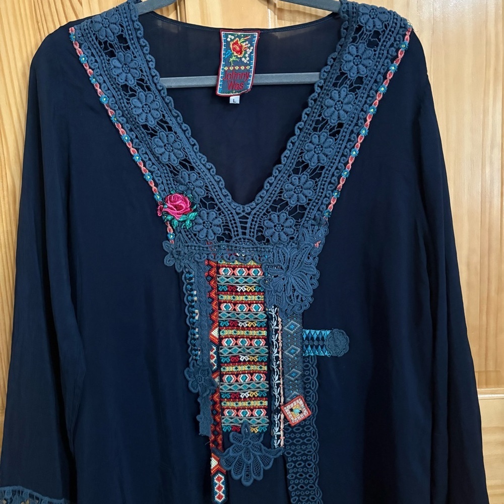 JOHNNY WAS Navy Blue Embroidered Tunic Top